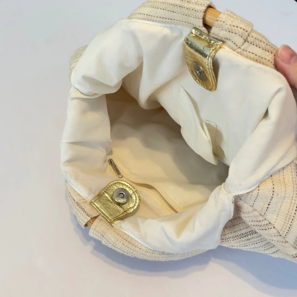 Boho Woven Stripe Tote Bag Gold‎ Sequin Fringe Bamboo Ring Handle Cream Beige